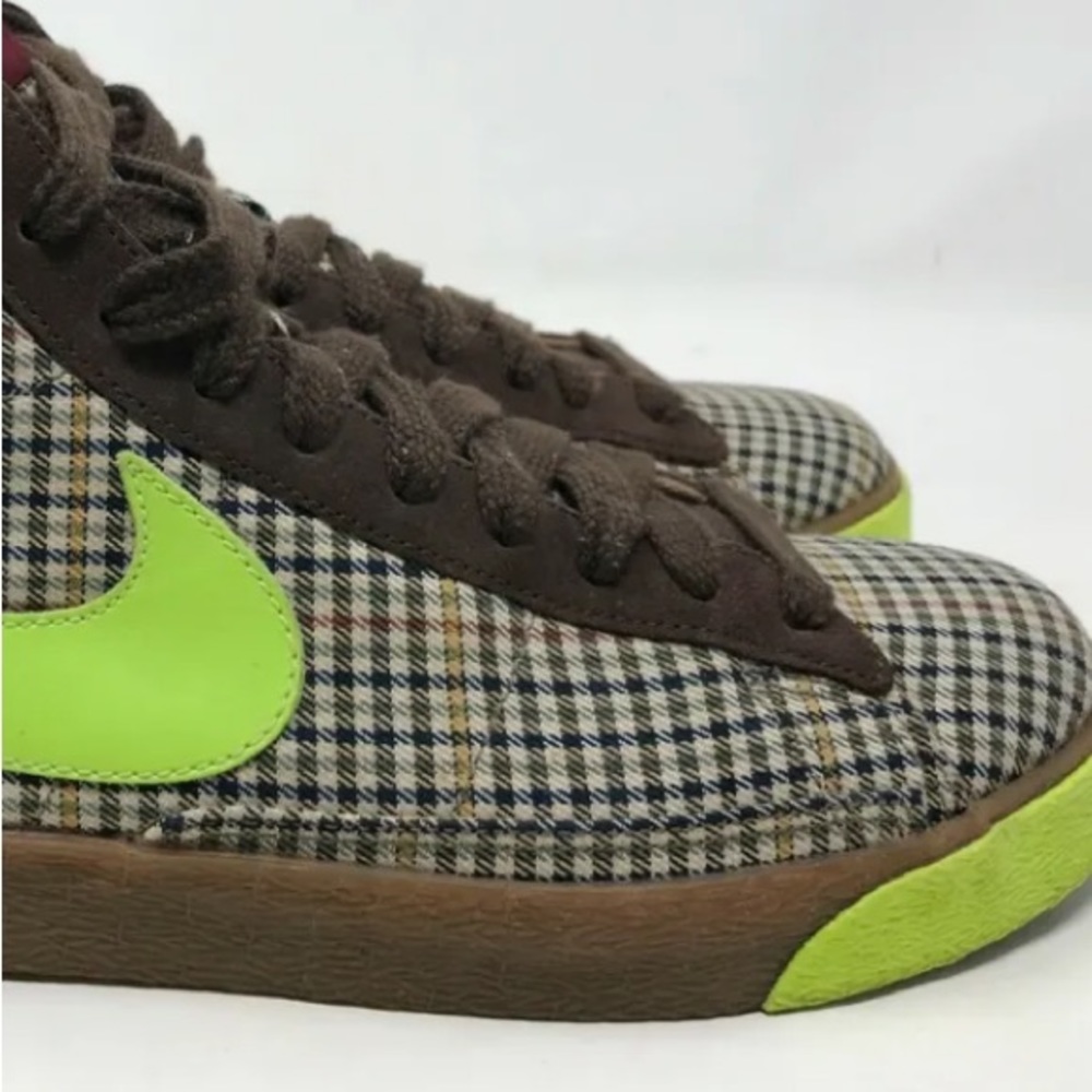 OG 2008 RARE NIKE BLAZER MID BROWN CINDER VOLT GREEN TWEED PLAID 318642-231